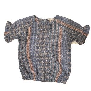 Persaya‎ Girls Blouse Size L Blue Pink Geometric Ruffle Sleeves Elastic Waist